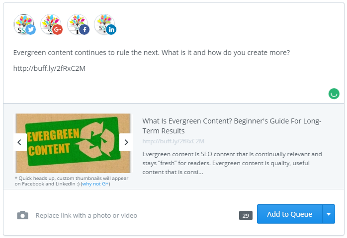 Buffer posting Facebook, Twitter, Google+ and LinkedIn