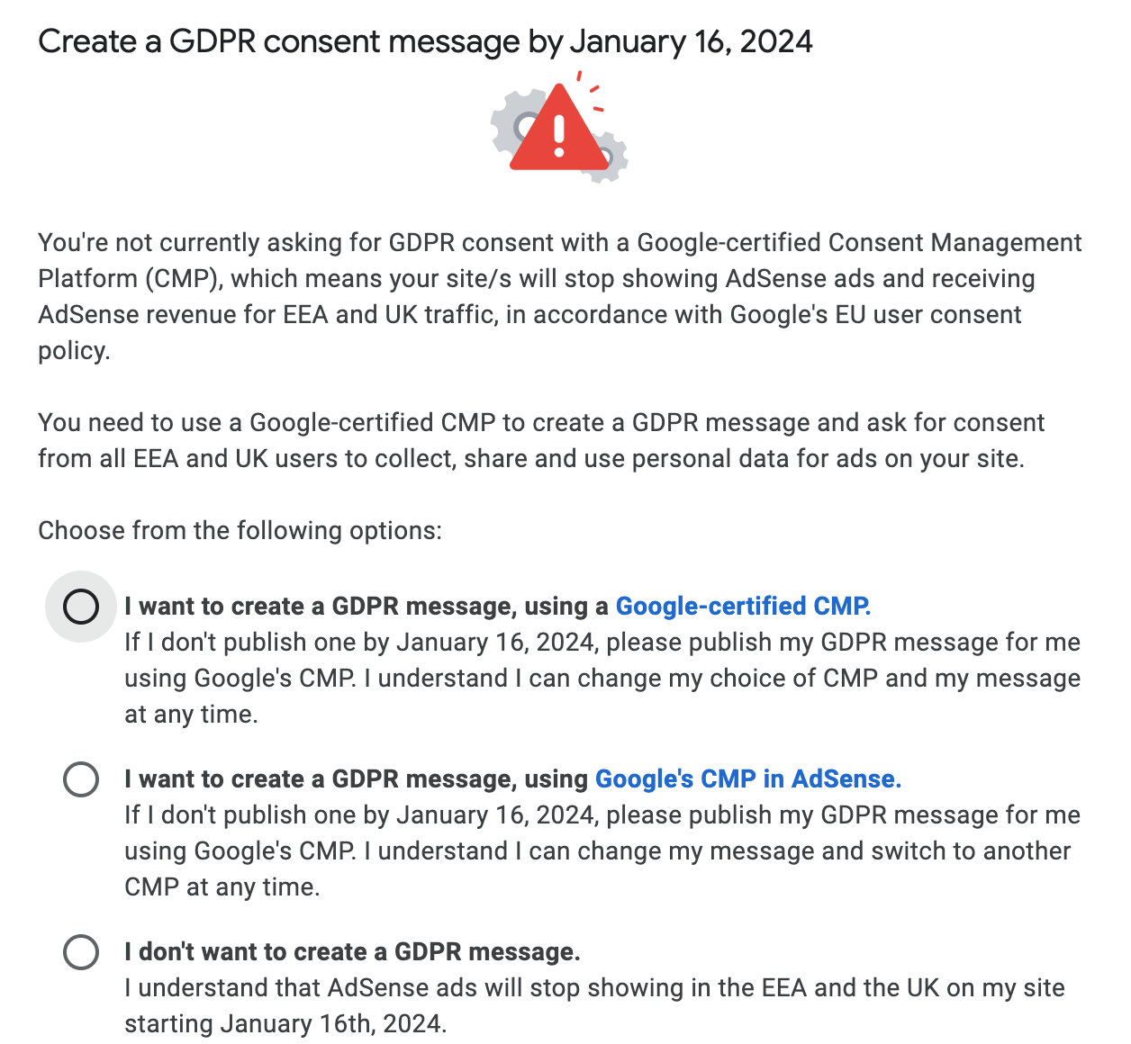 how to create GDPR message by January 16 2024